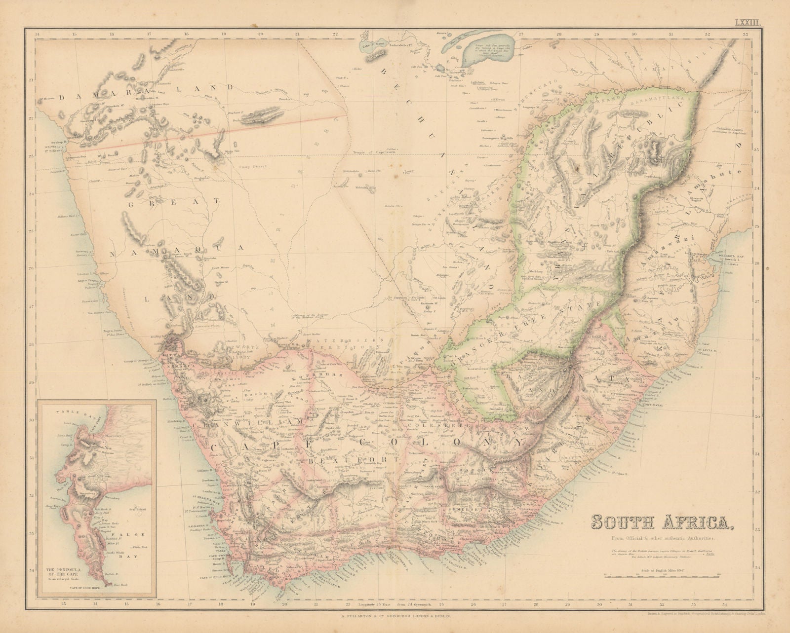 South Africa. Cape Colony. Transvaal Rep. Great Damaqua Land FULLARTON c1863 map